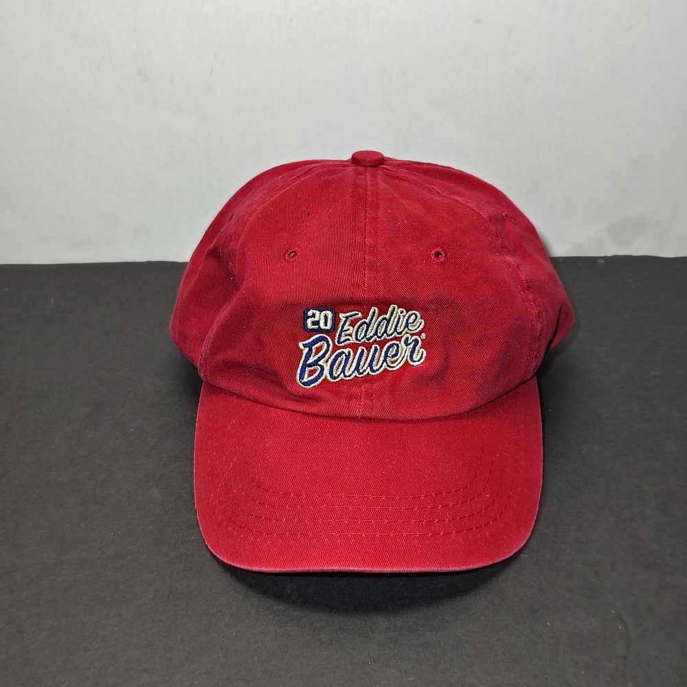 Eddie Bauer Hat Cap Strap Back Red Embroidered Script Logo Outdoor Panel Mens